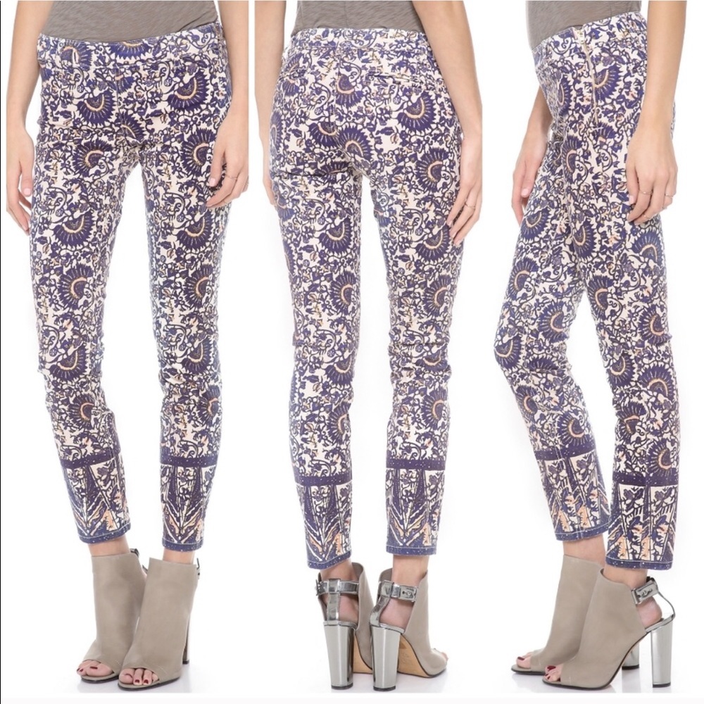 Floral Patterned Blue and Cream Women's Jeans